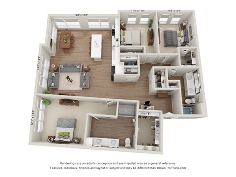 a stylized floor plan of a 1 bedroom floor plan
